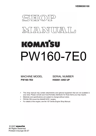 Komatsu PW160-7E0 Hydraulic Excavator Service Repair Manual SN：H55051 and up