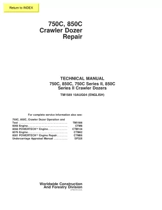 John Deere 750C, 850C, 750C Series II, 850CSeries II Crawler Dozers Service Repair Manual Instant Download (TM1589)