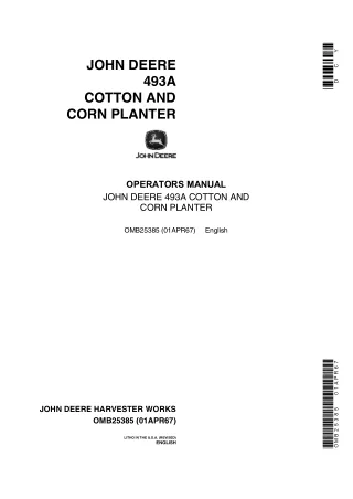 John Deere 493A Cotton and Corn Planter Operator’s Manual Instant Download (Publication No.OMB25385)