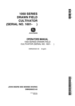 John Deere 1050 Series Drawn Field Cultivator (Serial No.1601-) Operator’s Manual Instant Download (Publication No.OMN20