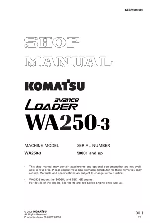 KOMATSU WA250-3 AVANCE WHEEL LOADER Service Repair Manual SN：50001 and up