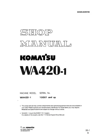 Komatsu WA420-1 Wheel Loader Service Repair Manual SN 10001 and up