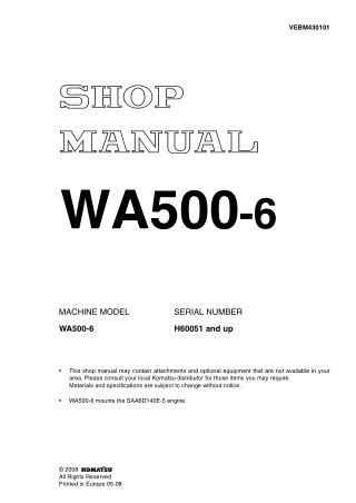 Komatsu WA500-6 Wheel Loader Service Repair Manual SN H60051 and up