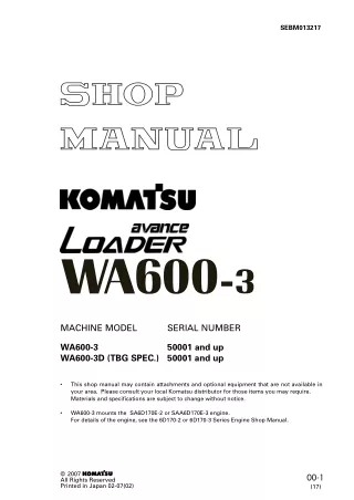 Komatsu WA600-3D Avance Wheel Loader Service Repair Manual SN：50001 and up