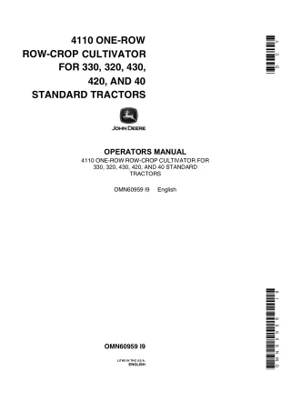 John Deere 4110 One-Row Row-Crop Cultivator for 330 320 430 420 and 40 Standard Tractors Operator’s Manual Instant Downl