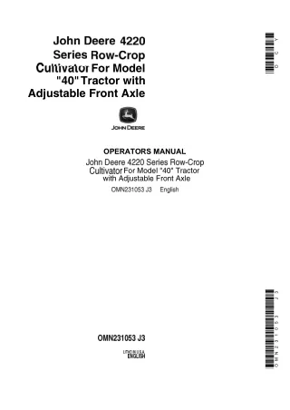 John Deere 4220 Series Row-Crop Cultivator for Model 40 Tractor With Adjustable Front Axle Operator’s Manual Instant Dow