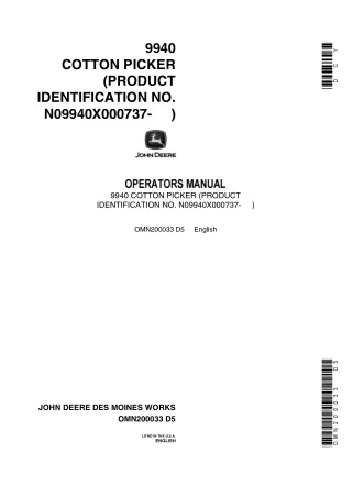 John Deere 9940 Cotton Picker (Product Identification No.N09940X000737-) Operator’s Manual Instant Download (Publication