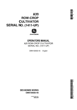 John Deere A20 Row-Crop Cultivator (Serial No.1411-up) Operator’s Manual Instant Download (Publication No.OMN159556)