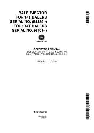 John Deere Bale Ejector for 14T Balers Serial no.(58335-) for 214T Balers Serial no.(6101-) Operator’s Manual Instant Do