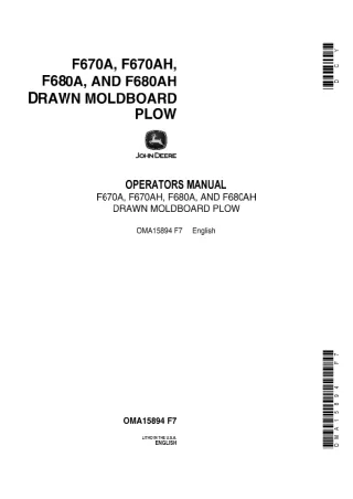 John Deere F670A F670AH F680A and F680AH Drawn Moldboard Plow Operator’s Manual Instant Download (Publication No.OMA1589