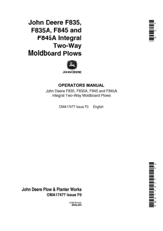 John Deere F835 F835A F845 and F845A Integral Two-Way Moldboard Plows Operator’s Manual Instant Download (Publication No