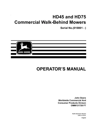 John Deere HD45 and HD75 Commercial Walk-Behind Mowers Operator’s Manual Instant Download (PIN010001-) (Publication No.O