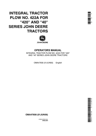 John Deere Integral Tractor Plow No.422A for 420 and 40 Series Tractors Operator’s Manual Instant Download (Publication