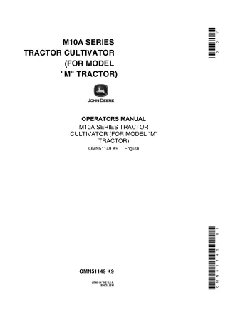 John Deere M10A Series Tractor Cultivator for Model M Tractor Operator’s Manual Instant Download (Publication No.OMN5114