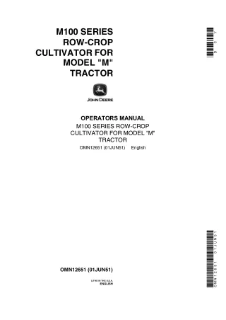 John Deere M100 Series Row-Crop Cultivator for Model M Tractor Operator’s Manual Instant Download (Publication No.OMN126