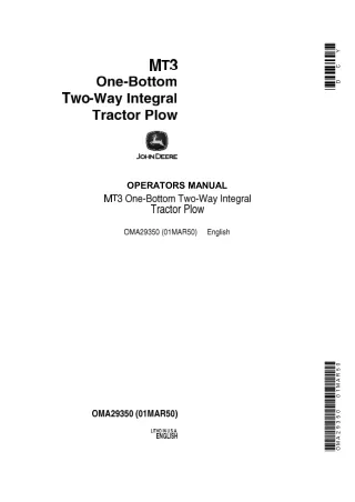 John Deere MT3 One-Bottom Two-Way Integral Tractor Plow Operator’s Manual Instant Download (Publication No.OMA29350)