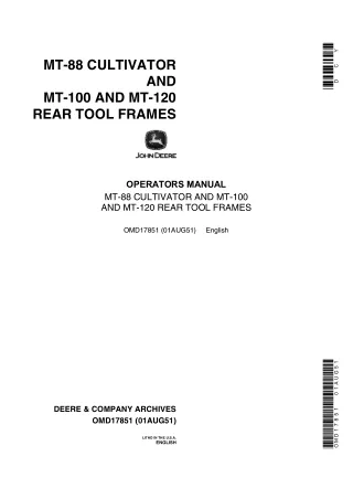 John Deere MT-88 Cultivator and MT-100 and MT-120 Rear Tool Frames Operator’s Manual Instant Download (Publication No.OM