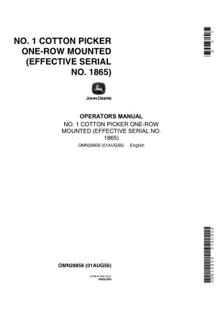 John Deere NO.1 Cotton Picker One-Row Mounted Operator’s Manual Instant Download (Effective Serial No.1865) (Publication