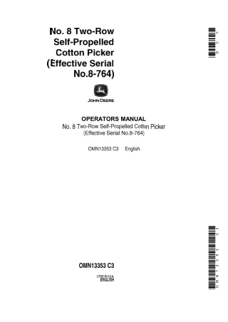 John Deere NO.8 Two-Row Self-Propelled Cotton Picker Operator’s Manual Instant Download (Effective Serial NO.8-764) (Pub