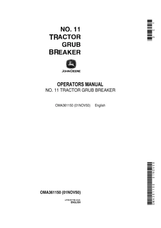 John Deere NO.11 Tractor Grub Breaker Operator’s Manual Instant Download (Publication No.OMA361150)