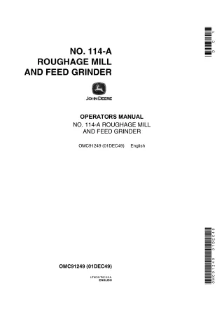 John Deere No.114-A Roughage Mill and Feed Grinder Operator’s Manual Instant Download