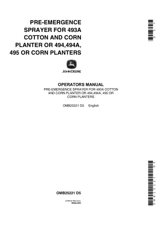 John Deere Pre-Emergence Sprayer for 493A Cotton and Corn Planter or 494 494A 495 or Corn Planters Operator’s Manual Ins