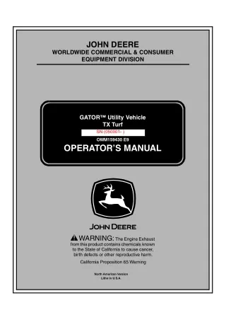 John Deere TX Turf GATOR™ Utility Vehicle Operator’s Manual Instant Download (PIN050001-) (Publication No.OMM159430)