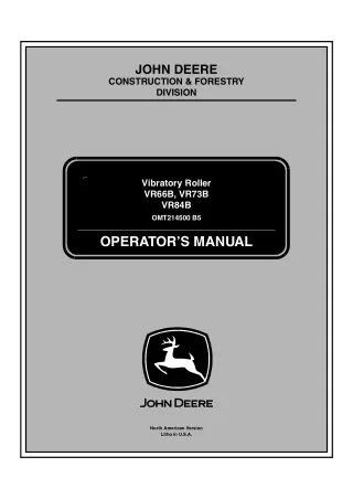 John Deere VR66B VR73B VR84B Vibratory Roller Operator’s Manual Instant Download (Publication No.OMT214500)