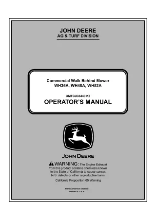 John Deere WH36A WH48A WH52A Commercial Walk Behind Mower Operator’s Manual Instant Download (PIN040001-) (Publication N