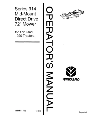 New Holland Series 914 Mid-Mount Direct Drive 72 Mower for 1720 and 1920 Tractors Operator’s Manual Instant Download (Pu