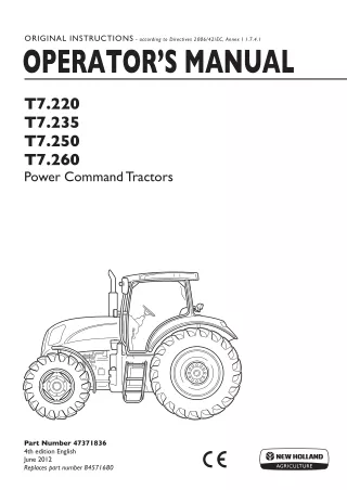 New Holland T7.220 T7.235 T7.250 T7.260 Power Command Tractors Operator’s Manual Instant Download (Publication No.473718