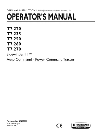 New Holland T7.220 T7.235 T7.250 T7.260 T7.270 Sidewinder II™ Auto Command Power Command Tractor Operator’s Manual Insta