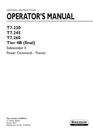 New Holland T7.230 T7.245 T7.260 Tier4B (final) Sidewinder II Power Command Tractor Operator’s Manual Instant Download (