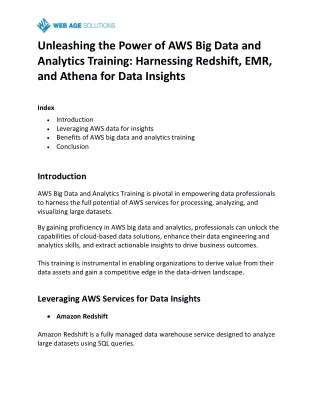 Unleashing the Power of AWS Big Data and Analytics Training Harnessing Redshift, EMR, and Athena for Data Insights