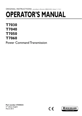 New Holland T7030 T7040 T7050 T7060 Power Command Transmission Operator’s Manual Instant Download (Publication No.474582