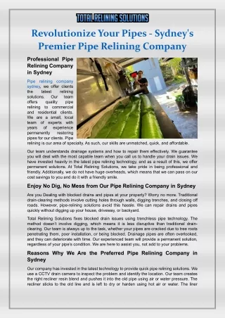 Revolutionize Your Pipes - Sydney's Premier Pipe Relining Company