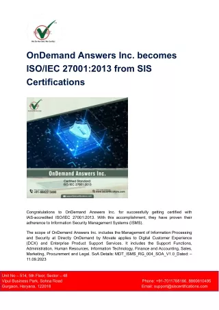 OnDemand Answers Inc. becomes ISO_IEC 27001_2013