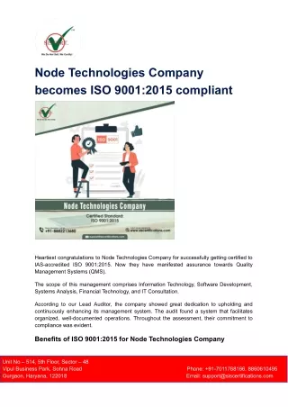 Node Technologies Company becomes ISO 9001_2015 compliant