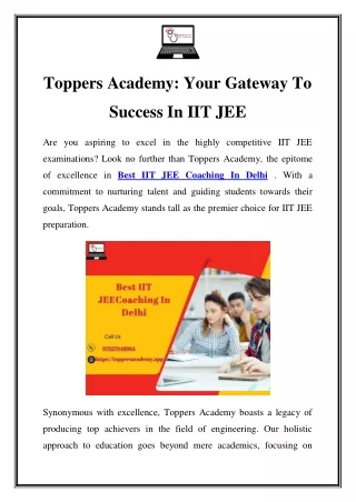 Ace Your IIT JEE: Top-Ranked Coaching in Delhi by Toppers Academy