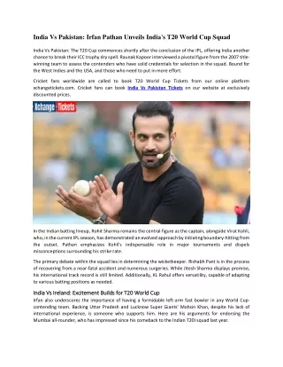 India Vs Pakistan Irfan Pathan Unveils India's T20 World Cup Squad