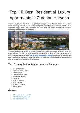 Top 10 Best Residential Luxury Apartments in Gurgaon Haryana