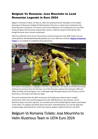 Belgium Vs Romania Jose Mourinho to Lead Romanian Legends in Euro 2024