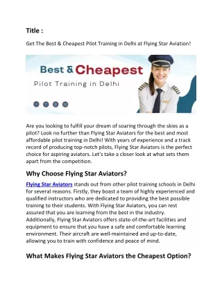 Get The Best & Cheapest Pilot Training in Delhi at Flying Star Aviation