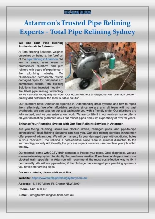 Artarmon's Trusted Pipe Relining Experts – Total Pipe Relining Sydney