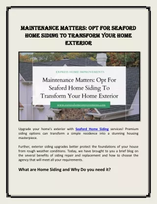 Maintenance Matters: Opt For Seaford Home Siding To Transform Your Home Exterior