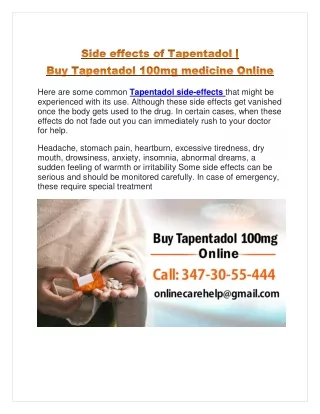 Side effects of Tapentadol | Buy Tapentadol 100mg medicine Online