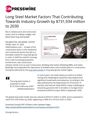 Long Steel Market Growth, Size, Demands and Trends with Players 2030