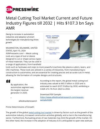 Metal Cutting Tool Market Opportunities, Demand and Forecasts, 2032