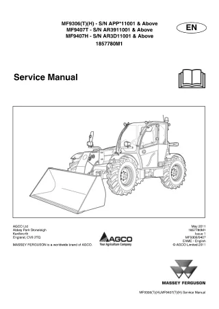 Massey Ferguson MF9306T Telescopic Handler Service Repair Manual SN APP11001 and Above