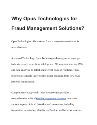 Why Opus Technologies for fraud management solutions